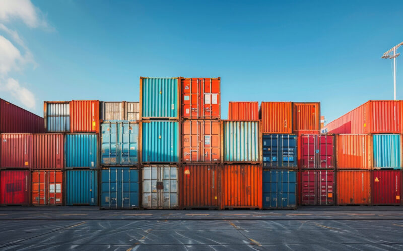A group of shipping containers stacked high on a dock illustrating the storage and space challenges faced in the supply chain.