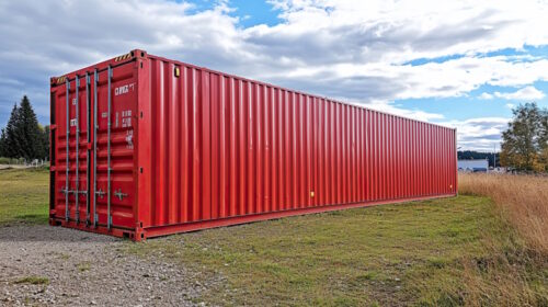 A large red shipping container sits on a grassy area, surrounded by nature. The sky is dotted with clouds, hinting at a late afternoon setting with scattered trees in the distance.